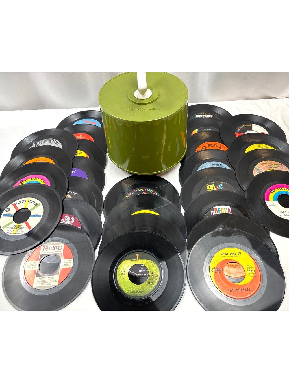 Avocado Green 45 Record Storage Disk-Go-Case w/ 27 Asst Records Retro Decor 50s